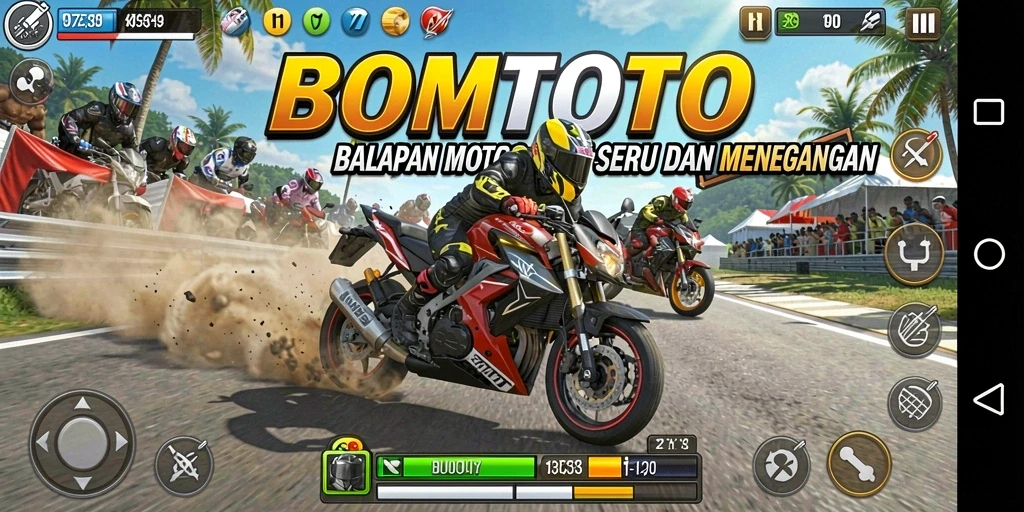 Tampilan gameplay seru di BOMTOTO dengan balapan motor cepat.