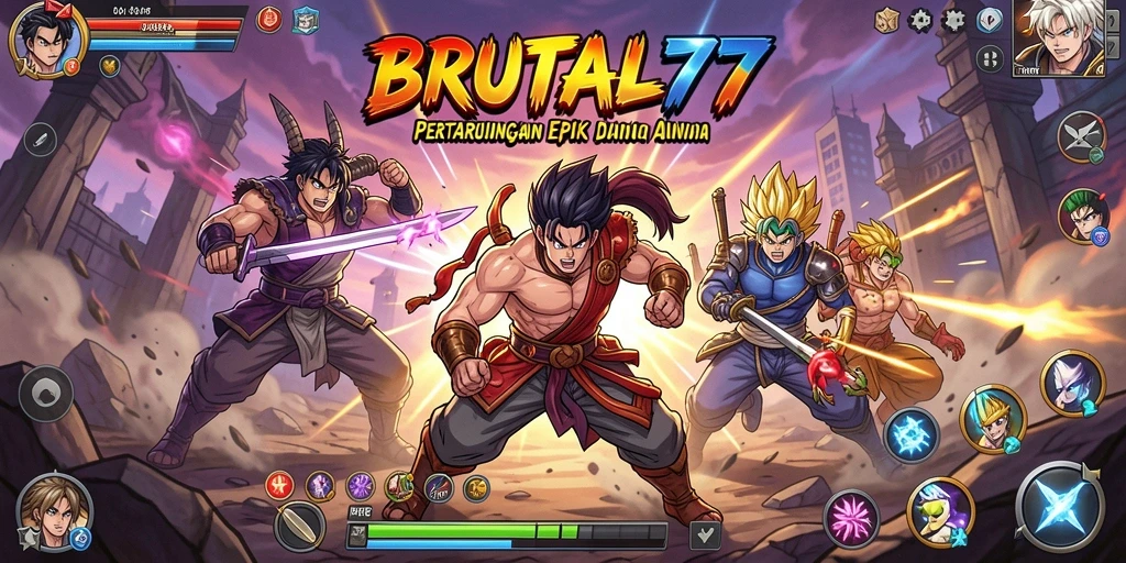 Screenshot game BRUTAL77 menampilkan pertarungan anime yang intens.