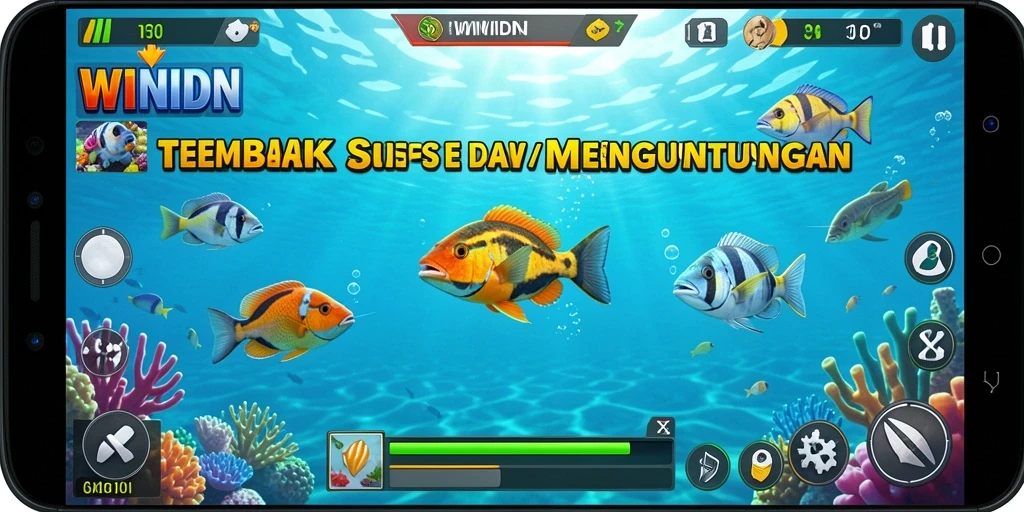 Tampilan gameplay mendebarkan dalam WINIDN saat menembak ikan.